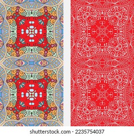 Vertical seamless patterns set, floral geometric lace texture for Wedding, Valentine's day, greeting card or Birthday Invitation. Decorative seamless doodle backgrounds. Ethnic ornament border pattern