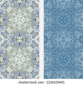 Vertical seamless patterns set, floral geometric lace texture for Wedding, Valentine's day, greeting card or Birthday Invitation. Decorative seamless doodle backgrounds. Ethnic ornament border pattern