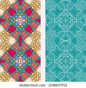 Vertical seamless patterns set, floral geometric lace texture for Wedding, Valentine's day, greeting card or Birthday Invitation. Decorative seamless doodle backgrounds. Ethnic ornament border pattern