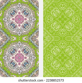Vertical seamless patterns set, floral geometric lace texture for Wedding, Valentine's day, greeting card or Birthday Invitation. Decorative seamless doodle backgrounds. Ethnic ornament border pattern