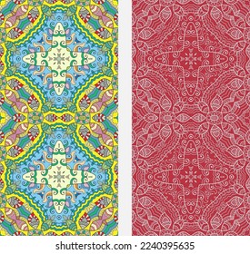 Vertical seamless patterns set, floral geometric lace texture for Wedding, Valentine's day, greeting card or Birthday Invitation. Decorative seamless doodle backgrounds. Ethnic ornament border pattern