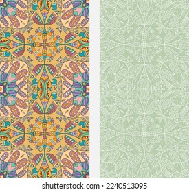 Vertical seamless patterns set, floral geometric lace texture for Wedding, Valentine's day, greeting card or Birthday Invitation. Decorative seamless doodle backgrounds. Ethnic ornament border pattern