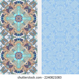 Vertical seamless patterns set, floral geometric lace texture for Wedding, Valentine's day, greeting card or Birthday Invitation. Decorative seamless doodle backgrounds. Ethnic ornament border pattern