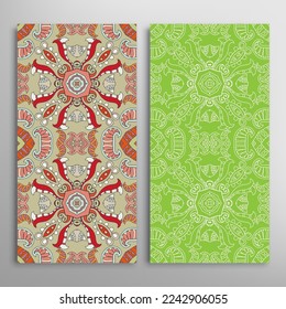 Vertical seamless patterns set, floral geometric lace texture for Wedding, Valentine's day, greeting card or Birthday Invitation. Decorative seamless doodle backgrounds. Ethnic ornament border pattern