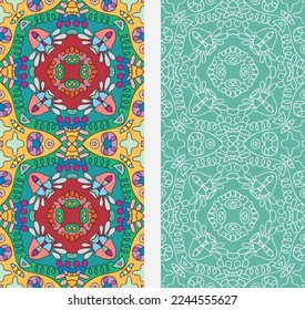 Vertical seamless patterns set, floral geometric lace texture for Wedding, Valentine's day, greeting card or Birthday Invitation. Decorative seamless doodle backgrounds. Ethnic ornament border pattern