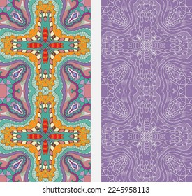 Vertical seamless patterns set, floral geometric lace texture for Wedding, Valentine's day, greeting card or Birthday Invitation. Decorative seamless doodle backgrounds. Ethnic ornament border pattern