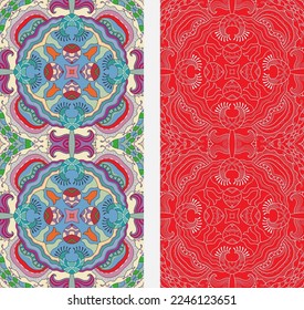 Vertical seamless patterns set, floral geometric lace texture for Wedding, Valentine's day, greeting card or Birthday Invitation. Decorative seamless doodle backgrounds. Ethnic ornament border pattern