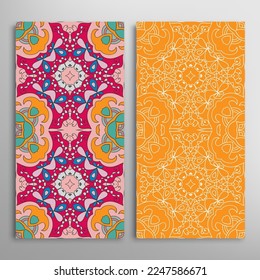 Vertical seamless patterns set, floral geometric lace texture for Wedding, Valentine's day, greeting card or Birthday Invitation. Decorative seamless doodle backgrounds. Ethnic ornament border pattern