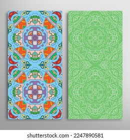 Vertical seamless patterns set, floral geometric lace texture for Wedding, Valentine's day, greeting card or Birthday Invitation. Decorative seamless doodle backgrounds. Ethnic ornament border pattern