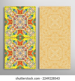 Vertical seamless patterns set, floral geometric lace texture for Wedding, Valentine's day, greeting card or Birthday Invitation. Decorative seamless doodle backgrounds. Ethnic ornament border pattern