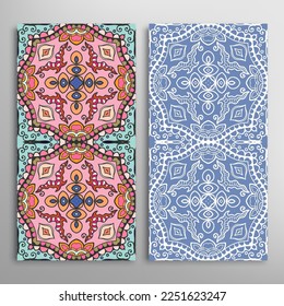 Vertical seamless patterns set, floral geometric lace texture for Wedding, Valentine's day, greeting card or Birthday Invitation. Decorative seamless doodle backgrounds. Ethnic ornament border pattern