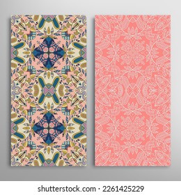 Vertical seamless patterns set, floral geometric lace texture for Wedding, Valentine's day, greeting card or Birthday Invitation. Decorative seamless doodle backgrounds. Ethnic ornament border pattern