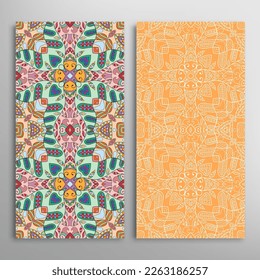 Vertical seamless patterns set, floral geometric lace texture for Wedding, Valentine's day, greeting card or Birthday Invitation. Decorative seamless doodle backgrounds. Ethnic ornament border pattern