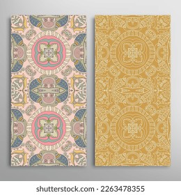 Vertical seamless patterns set, floral geometric lace texture for Wedding, Valentine's day, greeting card or Birthday Invitation. Decorative seamless doodle backgrounds. Ethnic ornament border pattern
