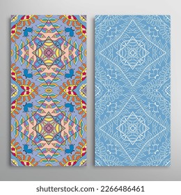 Vertical seamless patterns set, floral geometric lace texture for Wedding, Valentine's day, greeting card or Birthday Invitation. Decorative seamless doodle backgrounds. Ethnic ornament border pattern