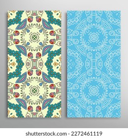 Vertical seamless patterns set, floral geometric lace texture for Wedding, Valentine's day, greeting card or Birthday Invitation. Decorative seamless doodle backgrounds. Ethnic ornament border pattern