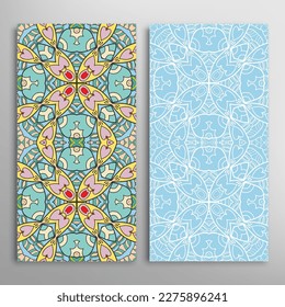Vertical seamless patterns set, floral geometric lace texture for Wedding, Valentine's day, greeting card or Birthday Invitation. Decorative seamless doodle backgrounds. Ethnic ornament border pattern
