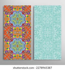 Vertical seamless patterns set, floral geometric lace texture for Wedding, Valentine's day, greeting card or Birthday Invitation. Decorative seamless doodle backgrounds. Ethnic ornament border pattern