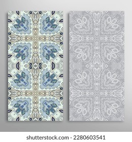 Vertical seamless patterns set, floral geometric lace texture for Wedding, Valentine's day, greeting card or Birthday Invitation. Decorative seamless doodle backgrounds. Ethnic ornament border pattern
