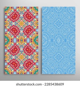 Vertical seamless patterns set, floral geometric lace texture for Wedding, Valentine's day, greeting card or Birthday Invitation. Decorative seamless doodle backgrounds. Ethnic ornament border pattern
