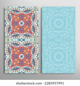 Vertical seamless patterns set, floral geometric lace texture for Wedding, Valentine's day, greeting card or Birthday Invitation. Decorative seamless doodle backgrounds. Ethnic ornament border pattern