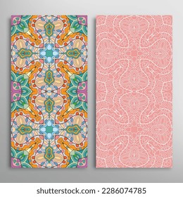 Vertical seamless patterns set, floral geometric lace texture for Wedding, Valentine's day, greeting card or Birthday Invitation. Decorative seamless doodle backgrounds. Ethnic ornament border pattern