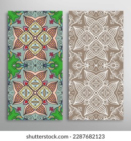 Vertical seamless patterns set, floral geometric lace texture for Wedding, Valentine's day, greeting card or Birthday Invitation. Decorative seamless doodle backgrounds. Ethnic ornament border pattern