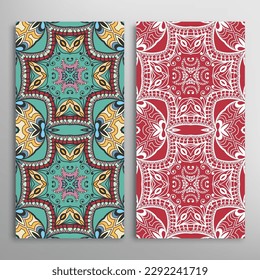 Vertical seamless patterns set, floral geometric lace texture for Wedding, Valentine's day, greeting card or Birthday Invitation. Decorative seamless doodle backgrounds. Ethnic ornament border pattern