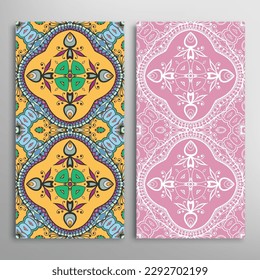 Vertical seamless patterns set, floral geometric lace texture for Wedding, Valentine's day, greeting card or Birthday Invitation. Decorative seamless doodle backgrounds. Ethnic ornament border pattern