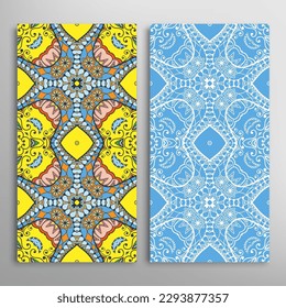 Vertical seamless patterns set, floral geometric lace texture for Wedding, Valentine's day, greeting card or Birthday Invitation. Decorative seamless doodle backgrounds. Ethnic ornament border pattern