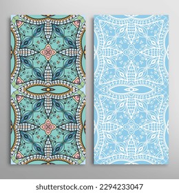 Vertical seamless patterns set, floral geometric lace texture for Wedding, Valentine's day, greeting card or Birthday Invitation. Decorative seamless doodle backgrounds. Ethnic ornament border pattern