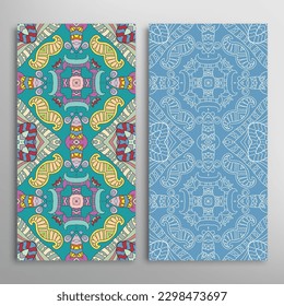 Vertical seamless patterns set, floral geometric lace texture for Wedding, Valentine's day, greeting card or Birthday Invitation. Decorative seamless doodle backgrounds. Ethnic ornament border pattern