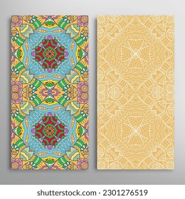 Vertical seamless patterns set, floral geometric lace texture for Wedding, Valentine's day, greeting card or Birthday Invitation. Decorative seamless doodle backgrounds. Ethnic ornament border pattern