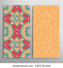 Vertical seamless patterns set, floral geometric lace texture for Wedding, Valentine's day, greeting card or Birthday Invitation. Decorative seamless doodle backgrounds. Ethnic ornament border pattern
