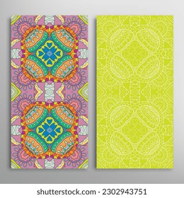Vertical seamless patterns set, floral geometric lace texture for Wedding, Valentine's day, greeting card or Birthday Invitation. Decorative seamless doodle backgrounds. Ethnic ornament border pattern