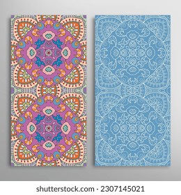 Vertical seamless patterns set, floral geometric lace texture for Wedding, Valentine's day, greeting card or Birthday Invitation. Decorative seamless doodle backgrounds. Ethnic ornament border pattern