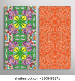 Vertical seamless patterns set, floral geometric lace texture for Wedding, Valentine's day, greeting card or Birthday Invitation. Decorative seamless doodle backgrounds. Ethnic ornament border pattern