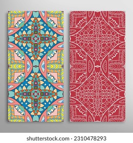 Vertical seamless patterns set, floral geometric lace texture for Wedding, Valentine's day, greeting card or Birthday Invitation. Decorative seamless doodle backgrounds. Ethnic ornament border pattern