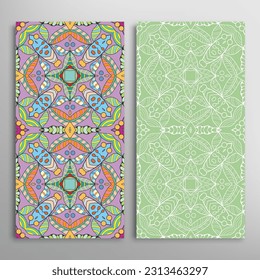 Vertical seamless patterns set, floral geometric lace texture for Wedding, Valentine's day, greeting card or Birthday Invitation. Decorative seamless doodle backgrounds. Ethnic ornament border pattern