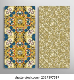 Vertical seamless patterns set, floral geometric lace texture for Wedding, Valentine's day, greeting card or Birthday Invitation. Decorative seamless doodle backgrounds. Ethnic ornament border pattern