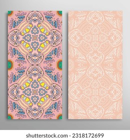 Vertical seamless patterns set, floral geometric lace texture for Wedding, Valentine's day, greeting card or Birthday Invitation. Decorative seamless doodle backgrounds. Ethnic ornament border pattern