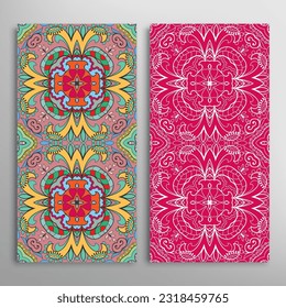 Vertical seamless patterns set, floral geometric lace texture for Wedding, Valentine's day, greeting card or Birthday Invitation. Decorative seamless doodle backgrounds. Ethnic ornament border pattern