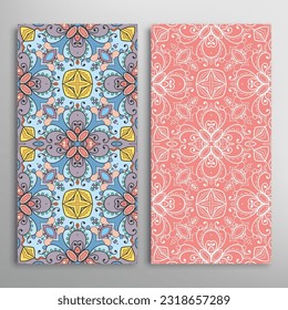 Vertical seamless patterns set, floral geometric lace texture for Wedding, Valentine's day, greeting card or Birthday Invitation. Decorative seamless doodle backgrounds. Ethnic ornament border pattern