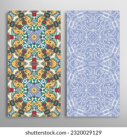 Vertical seamless patterns set, floral geometric lace texture for Wedding, Valentine's day, greeting card or Birthday Invitation. Decorative seamless doodle backgrounds. Ethnic ornament border pattern