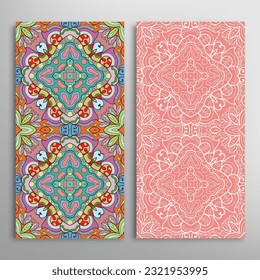 Vertical seamless patterns set, floral geometric lace texture for Wedding, Valentine's day, greeting card or Birthday Invitation. Decorative seamless doodle backgrounds. Ethnic ornament border pattern