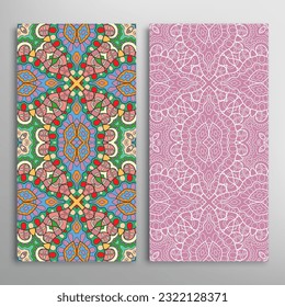 Vertical seamless patterns set, floral geometric lace texture for Wedding, Valentine's day, greeting card or Birthday Invitation. Decorative seamless doodle backgrounds. Ethnic ornament border pattern
