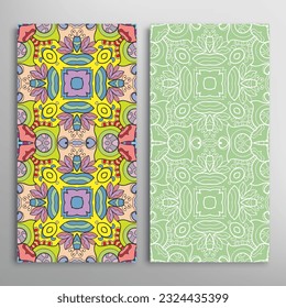 Vertical seamless patterns set, floral geometric lace texture for Wedding, Valentine's day, greeting card or Birthday Invitation. Decorative seamless doodle backgrounds. Ethnic ornament border pattern