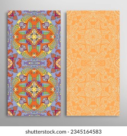 Vertical seamless patterns set, floral geometric lace texture for Wedding, Valentine's day, greeting card or Birthday Invitation. Decorative seamless doodle backgrounds. Ethnic ornament border pattern