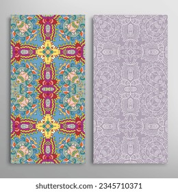 Vertical seamless patterns set, floral geometric lace texture for Wedding, Valentine's day, greeting card or Birthday Invitation. Decorative seamless doodle backgrounds. Ethnic ornament border pattern