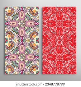 Vertical seamless patterns set, floral geometric lace texture for Wedding, Valentine's day, greeting card or Birthday Invitation. Decorative seamless doodle backgrounds. Ethnic ornament border pattern